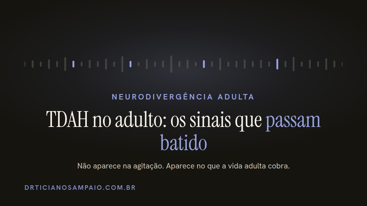 Ilustracao editorial em indigo com barras de um sinal fraco em meio ao ruido, metafora dos sinais de TDAH no adulto que passam batido